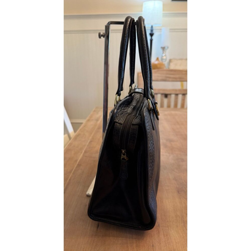 Vintage Brahmin Black Leather Croc Detail Square Top Handle Bag - Picture 5 of 11